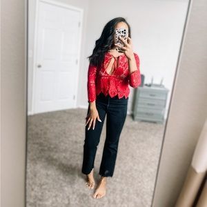 For Love and Lemons Gianna red lace top crop with attached lining Sz small